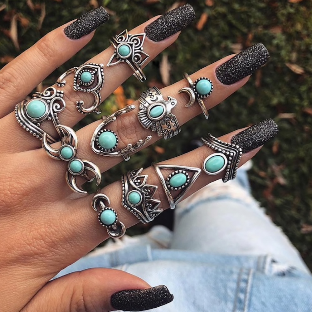 ๐ 11PC: SILVER & TEAL BOHO MIDI RINGS MOON CHIC RING BUNDLE SET TURQUOISE MOON - Picture 6 of 7